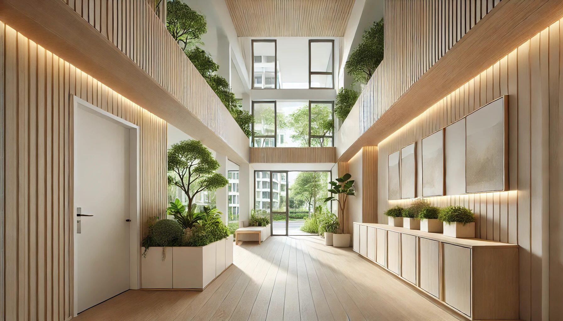 Multi-Family hallway using TFL cabinets and real wood panels.