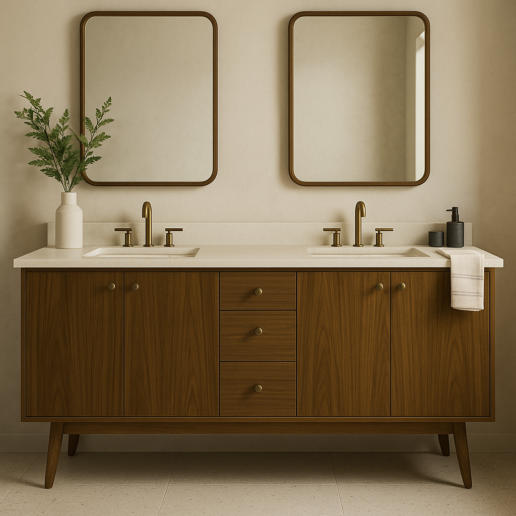 New EIR Walnut W43 Roan Walnut coming soon, being used here in a bathroom vanity in a mid century modern style