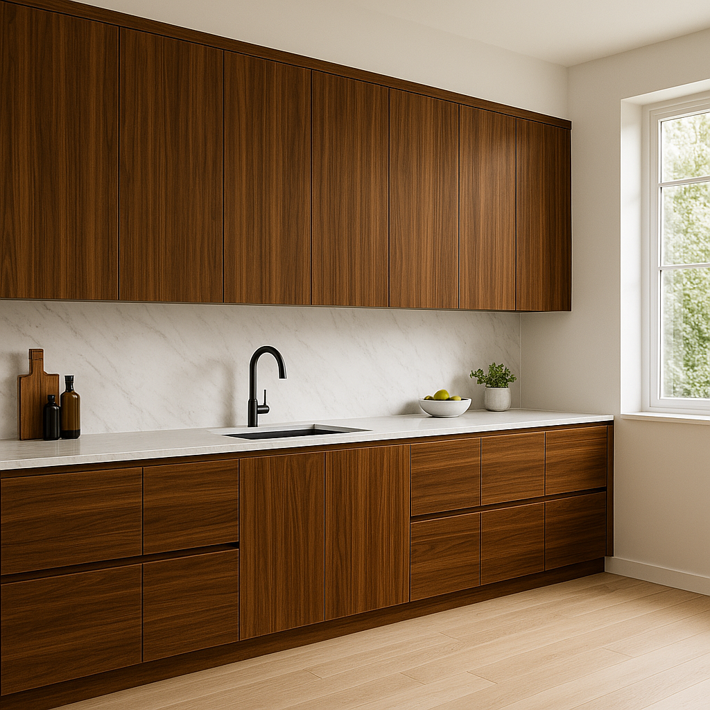 W80 Jordan Itabri being used for the kitchen cabinets in a flat slab style contemporary kitchen, it is a new EIR Walnut being released soon by Stevenswood