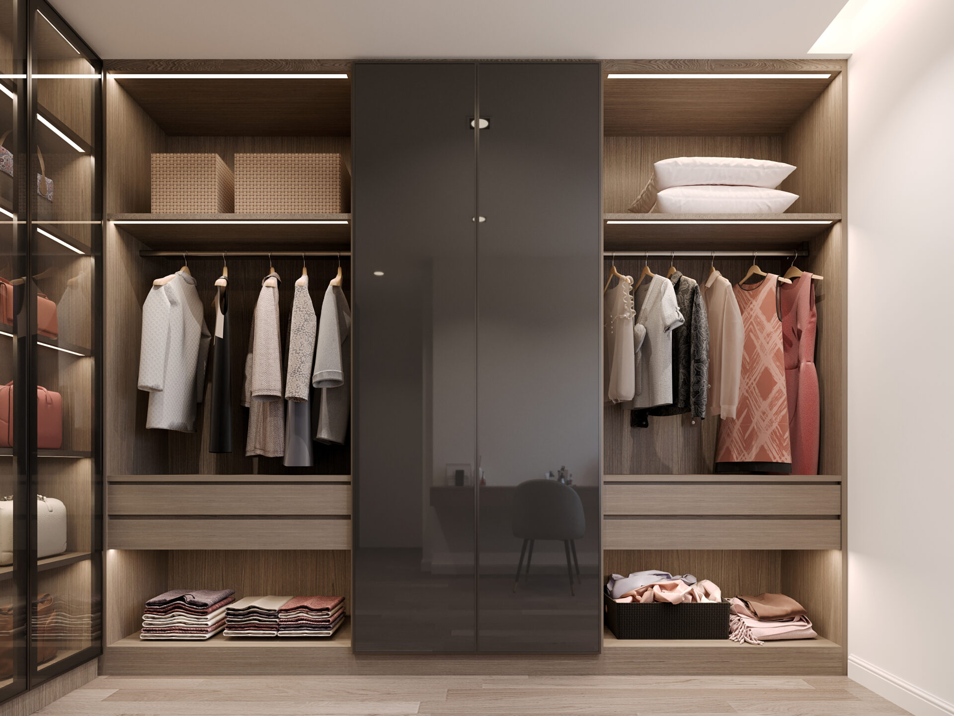 Two tone closet with solid and woodgrains